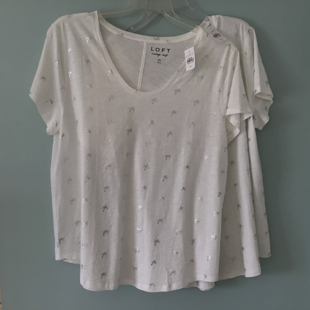 Two LOFT Vintage Soft White V-neck with Silver Palm Trees Tee, Size XL, NWT